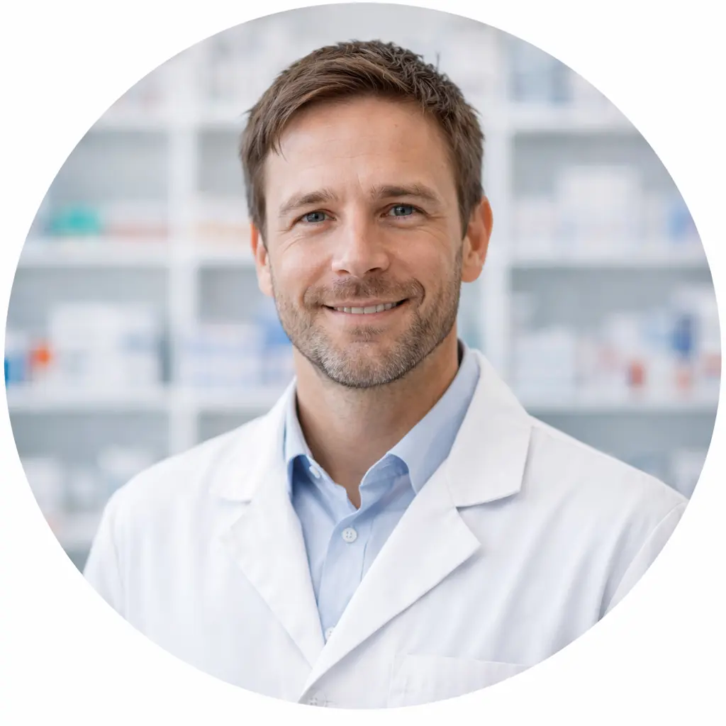 Portret van apotheker en blogschrijver Joris van der Laan in professionele apotheekomgeving