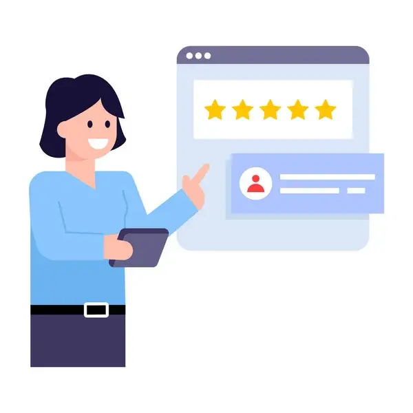 Illustratie van klant die online review plaatst met vijf sterren beoordeling op laptop