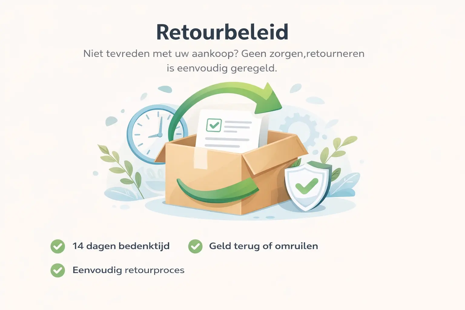 Illustratie van retourbeleid met doos, pijl voor retourneren, 14 dagen bedenktijd en eenvoudig retourproces