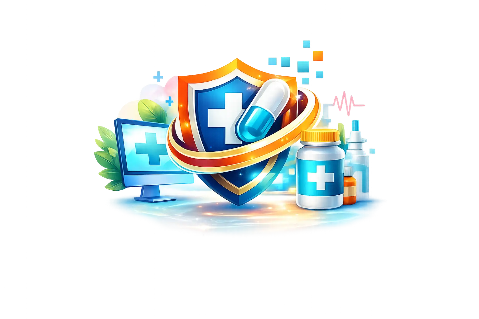 Modern online apotheker logo met medisch schild, capsule, medicijnflacons en digitaal zorgplatform in gelaagd design