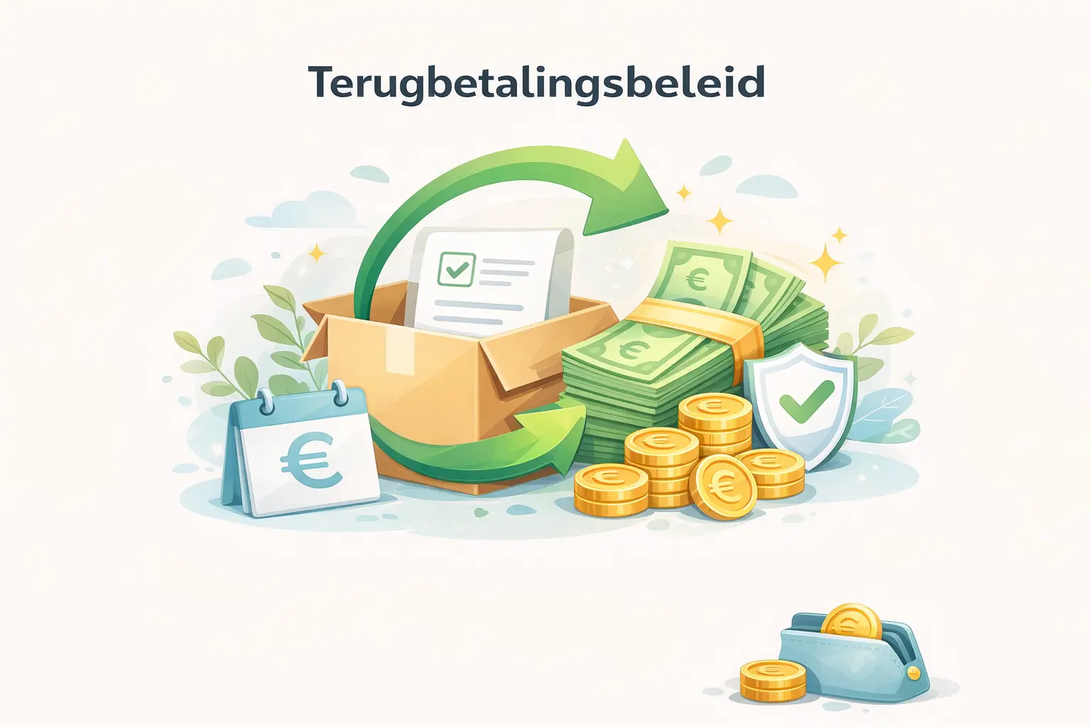 Illustratie van terugbetalingsbeleid met geld terug, 14 dagen bedenktijd en veilige terugbetaling