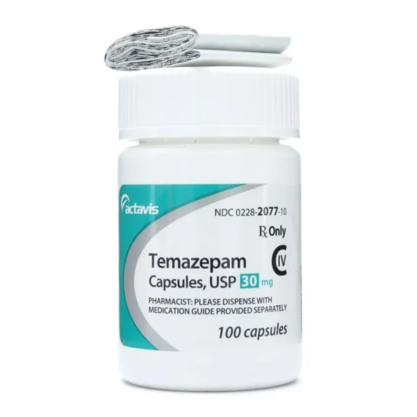 Temazepam 30 mg verpakking met 100 tabletten slaapmedicatie blister en doos