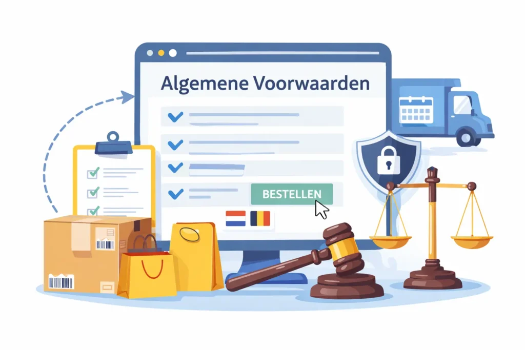 Illustratie van algemene voorwaarden pagina met bestellen, levering en juridische bescherming voor Nederland en België.