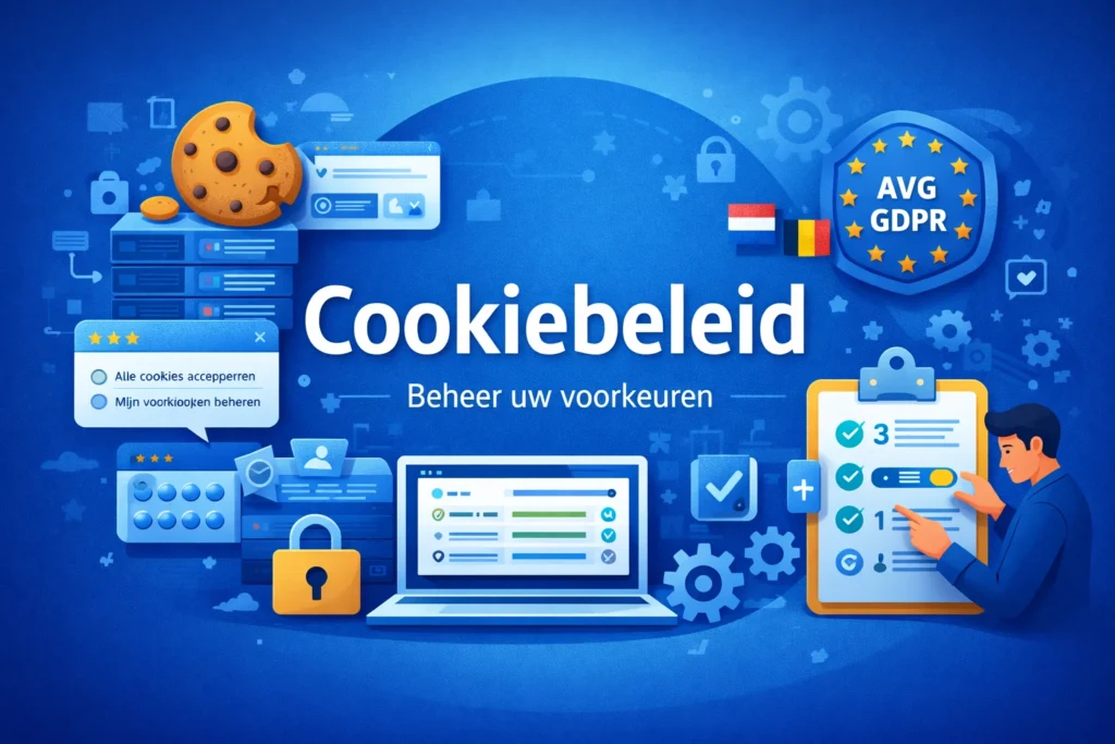 Illustratie van cookiebeleid pagina met AVG GDPR bescherming voor Nederland en België inclusief cookie-instellingen en privacybeheer