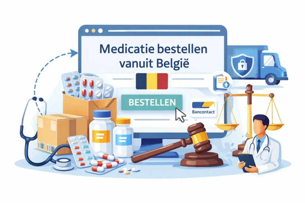 Illustratie van medicatie bestellen vanuit België met computer, Belgische vlag, Bancontact, levering en juridische symbolen