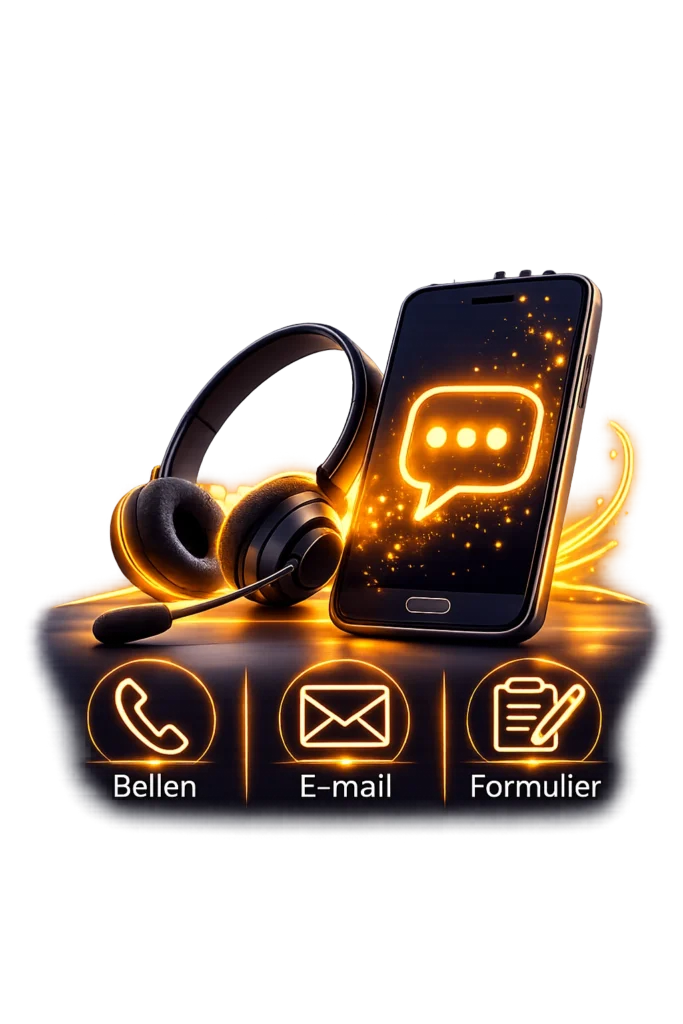 Contactpagina webshop met klantenservice illustratie, telefoon en headset op witte achtergrond