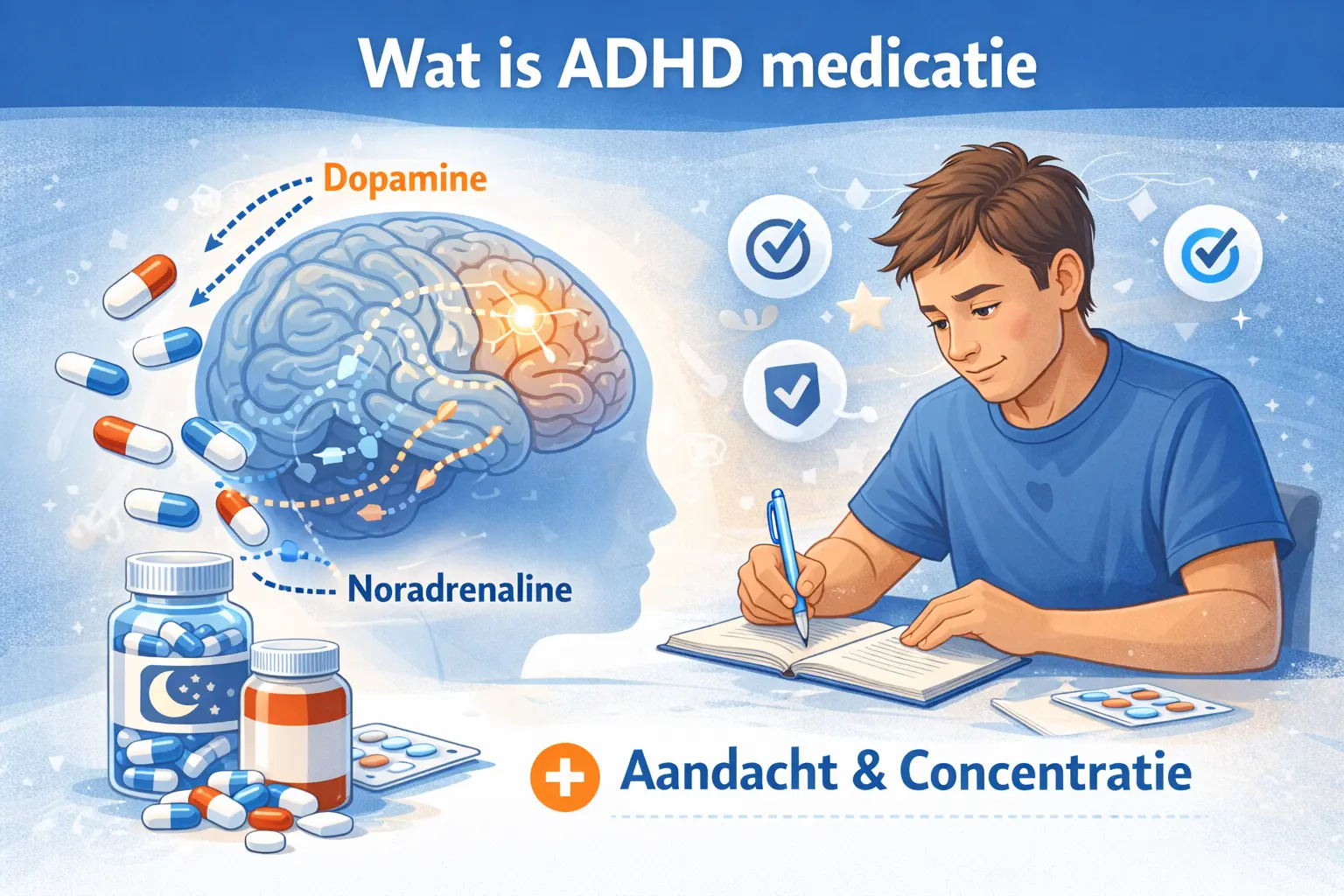 Illustratie uitleg over ADHD medicatie en werking van ADHD medicijnen in de hersenen