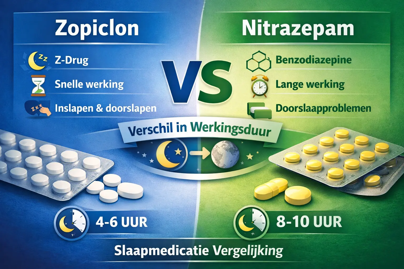 Vergelijking tussen zopiclon en nitrazepam met verschil in werking werkingsduur en toepassing bij slaapmedicatie
