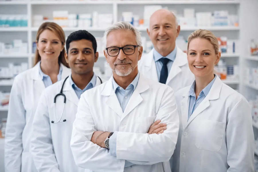 Team van professionele apothekers in moderne apotheekomgeving