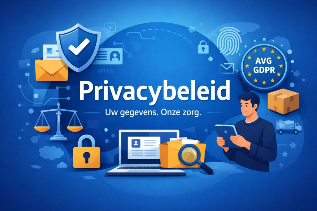 Illustratie over privacybeleid met AVG/GDPR symbool, beveiligingsiconen en gegevensbescherming voor webshop