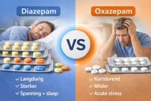 Diazepam vs Oxazepam infographic verschil werking langdurig versus kortdurend benzodiazepinen vergelijking spanning slaap stress medicatie