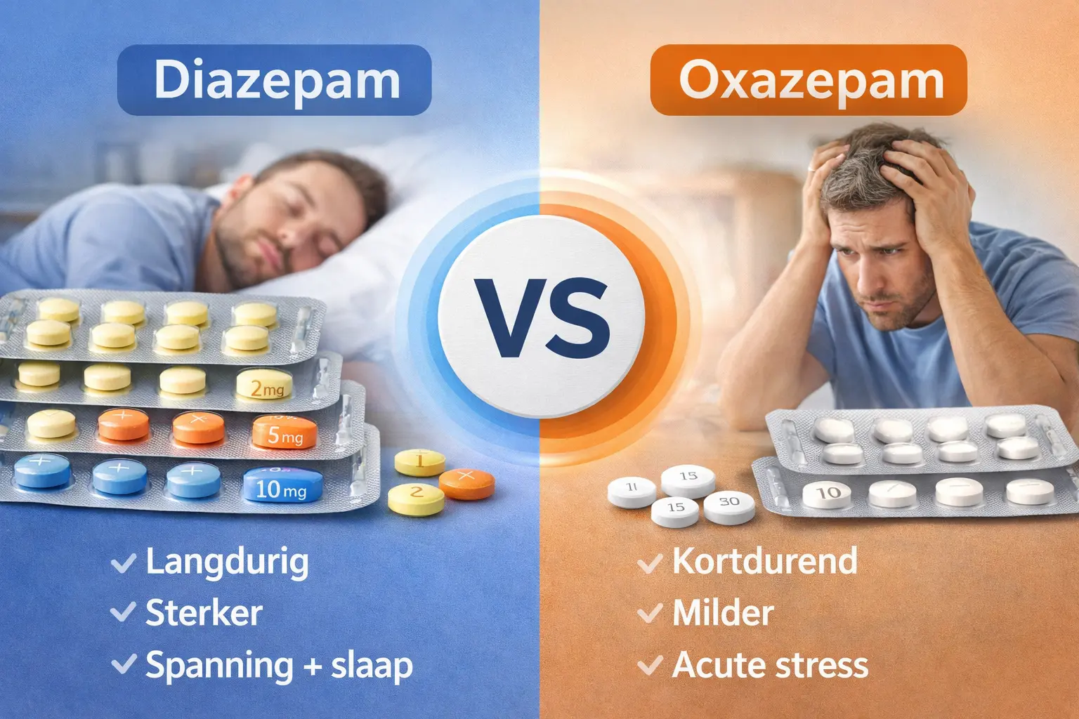 Diazepam vs Oxazepam infographic verschil werking langdurig versus kortdurend benzodiazepinen vergelijking spanning slaap stress medicatie
