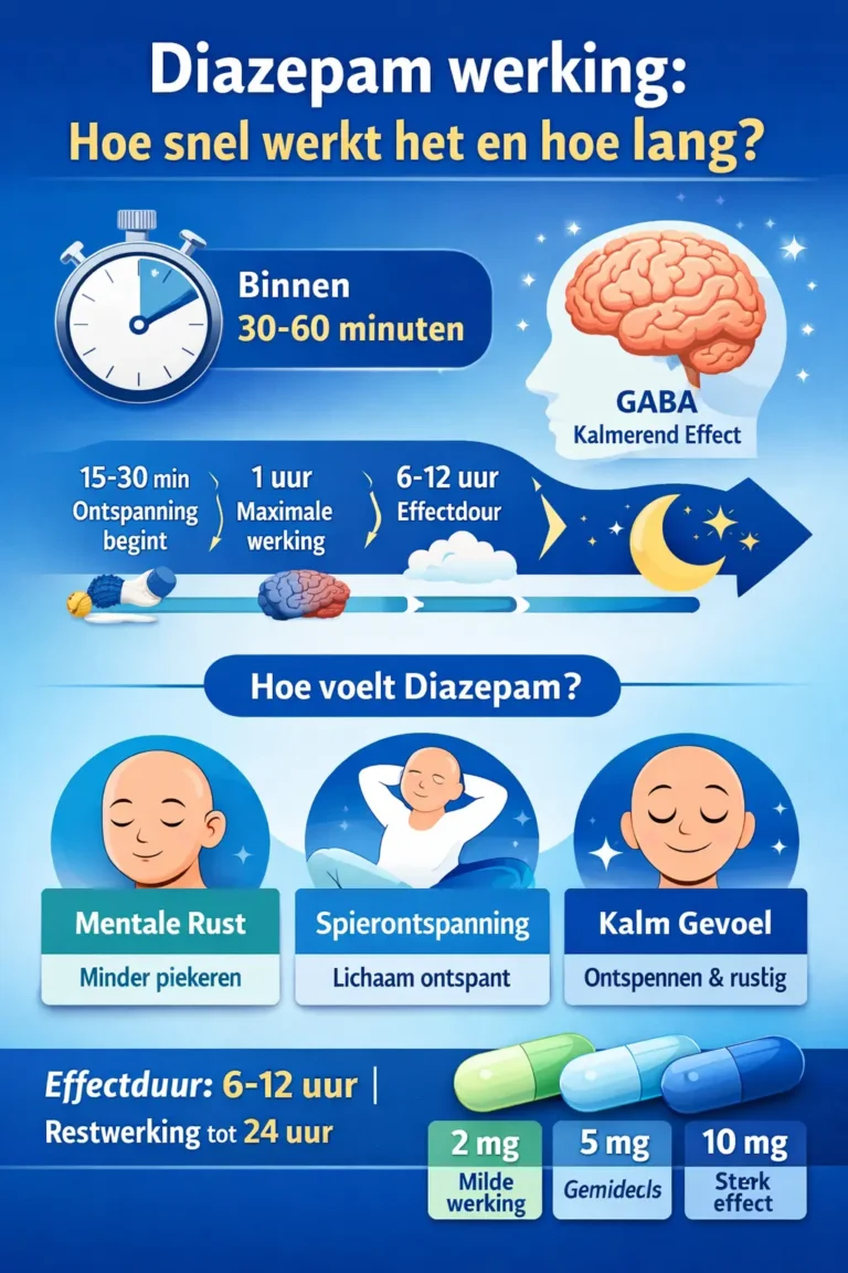 Diazepam werking hoe snel werkt het en hoe lang infographic uitleg effect 30-60 minuten GABA werking doseringen 2 mg 5 mg 10 mg
