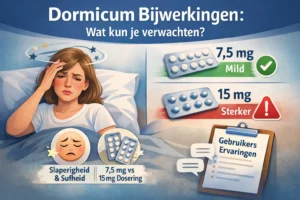 Dormicum bijwerkingen afbeelding met slaperigheid en sufheid symptomen en vergelijking 7-5mg en 15mg midazolam slaapmedicatie benzodiazepinen