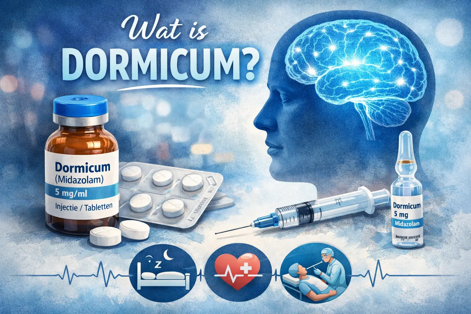 Een informatieve blogafbeelding over Domicum (Midazolam) met een vrouw die slaapt, een medicijnflesje en tabletten van Domicum (10 mg), een injectieflacon met Midazolam, en medische iconen zoals een hersenillustratie en chemische structuren. Onderaan iconen die het gebruik als slaapmiddel, tegen angst & stress en voor sedatie weergeven. De achtergrond is blauw met een ECG-lijn voor een medische uitstraling.