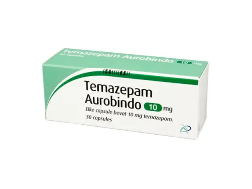 Temazepam 10 mg verpakking met 30 tabletten slaapmedicatie blister en doos