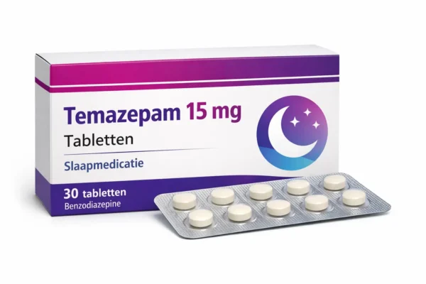 Temazepam 15 mg verpakking met 30 tabletten slaapmedicatie doosje